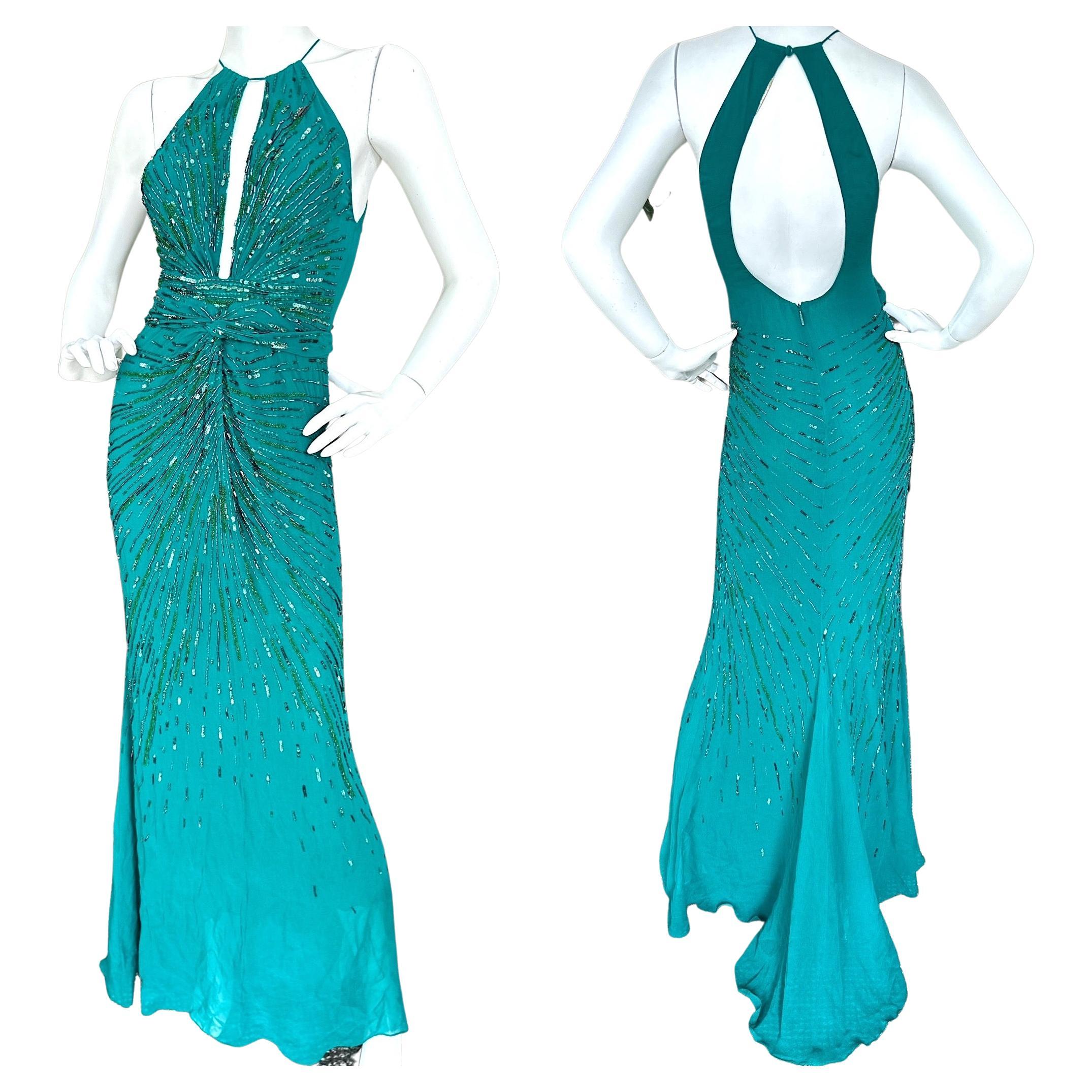 Roberto Cavalli Beaded Green Vintage Evening Dress with Fishtail Back For Sale