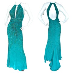 Roberto Cavalli Beaded Green Vintage Evening Dress with Fishtail Back