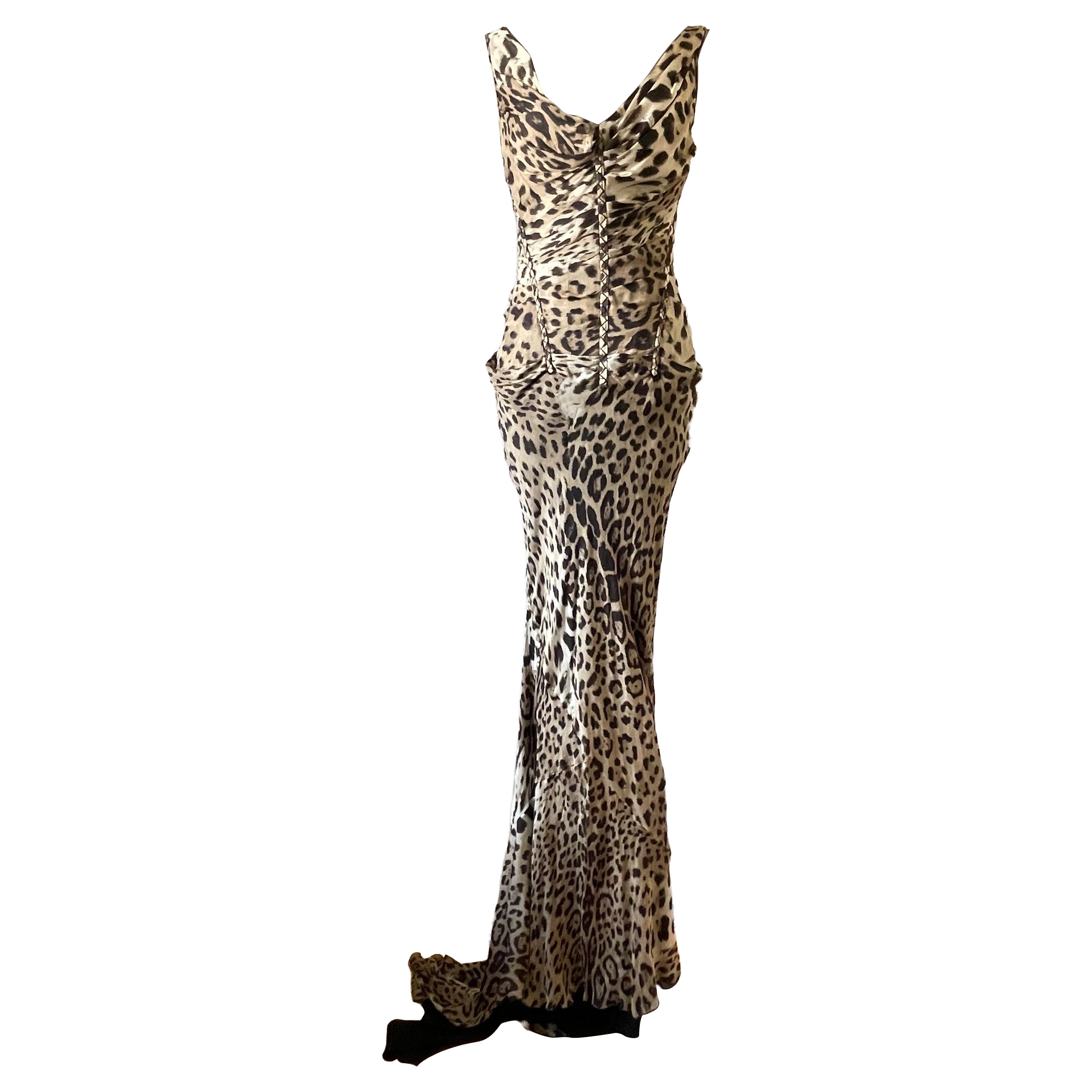Roberto Cavalli Women's 2010s Silk Panther Print Maxi Dress with Train