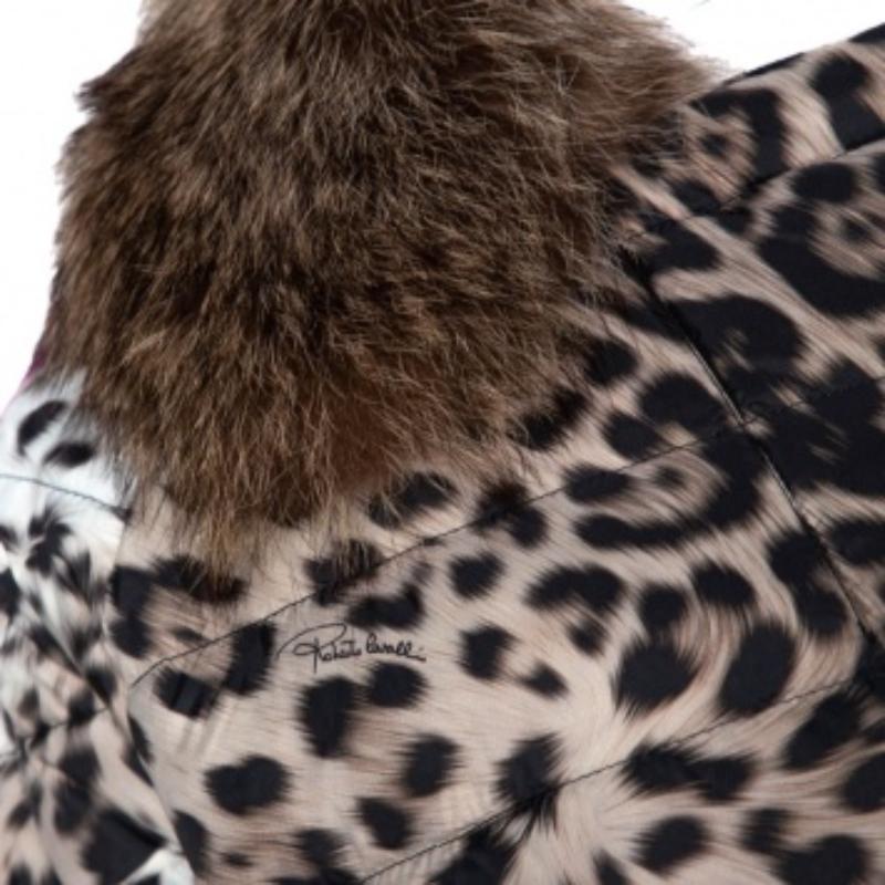 Roberto Cavalli Beige Animal Print Gesteppte Jacke mit Fellfutter M Damen im Angebot