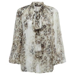 Roberto Cavalli Beige Animal Print Silk Pleated Sheer Shirt S