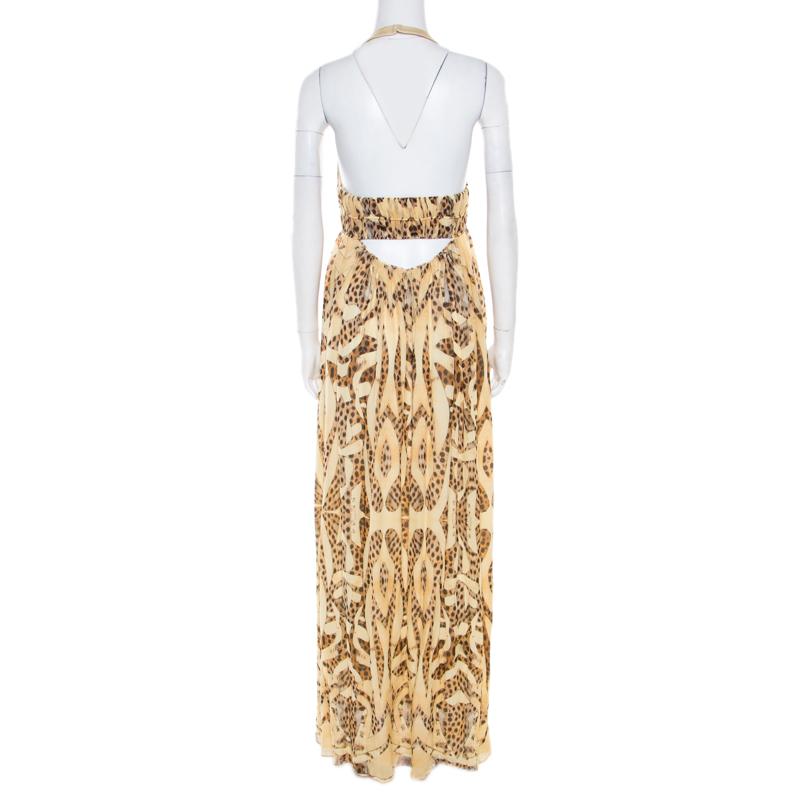 Roberto Cavalli Beige Animal Printed Silk Plunge Neck Cutout Back Dress S In Good Condition In Dubai, Al Qouz 2