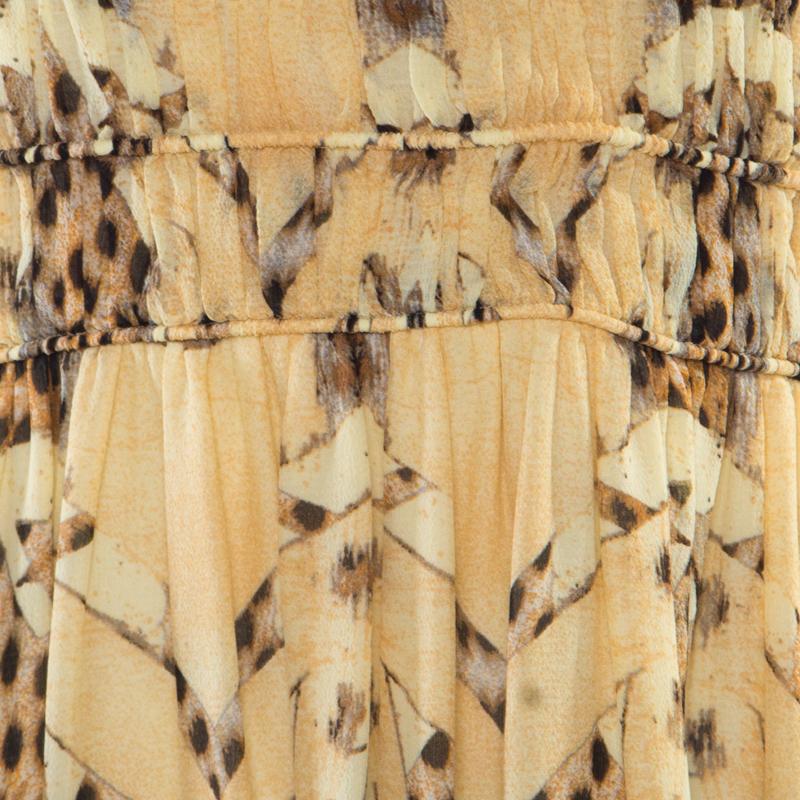 Women's Roberto Cavalli Beige Animal Printed Silk Plunge Neck Cutout Back Dress S
