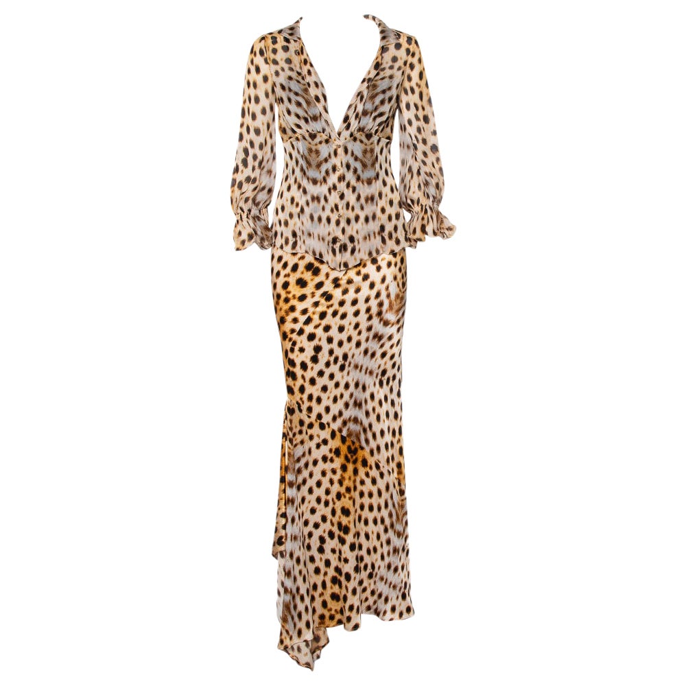 Roberto Cavalli Beige Animal Printed Silk Sheer Shirt 
Asymmetric Hem MaxiSkirt