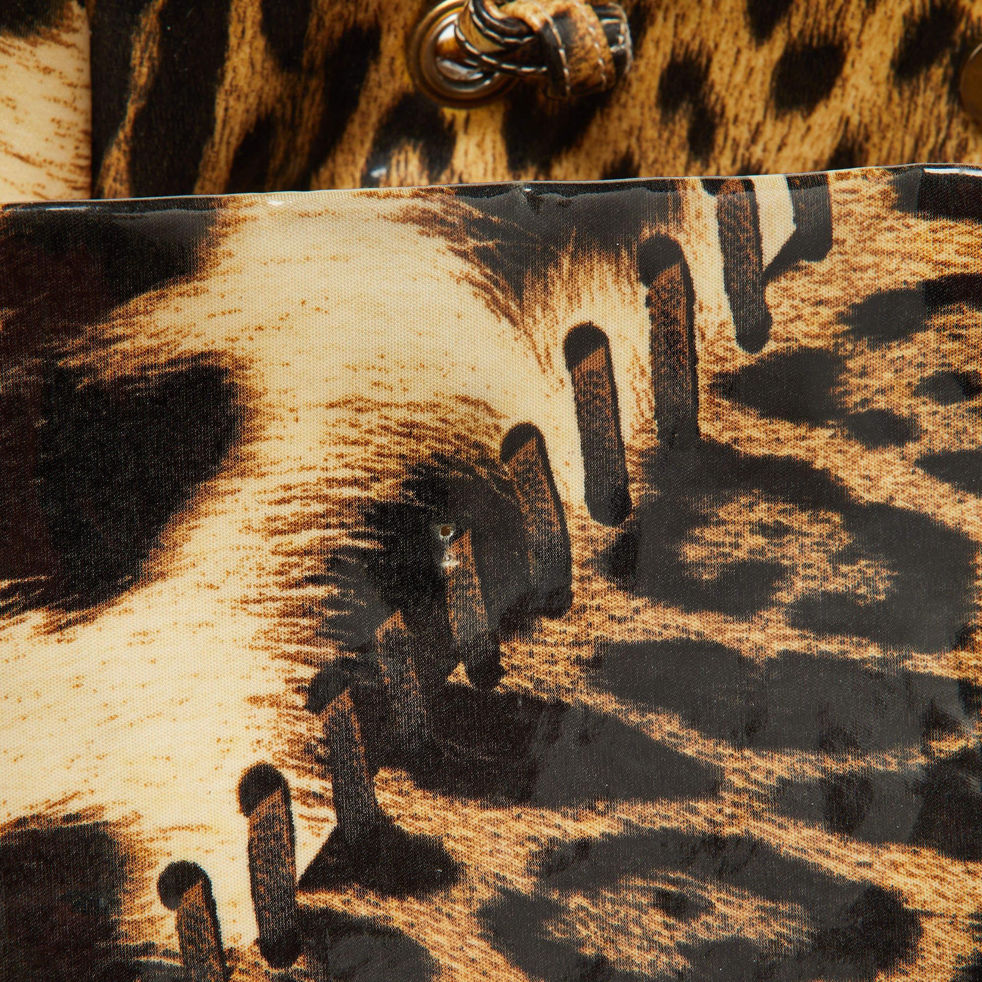Roberto Cavalli Beige/Schwarzer Leopardendruck Beschichtetes Canvas Snap Tote im Angebot 6