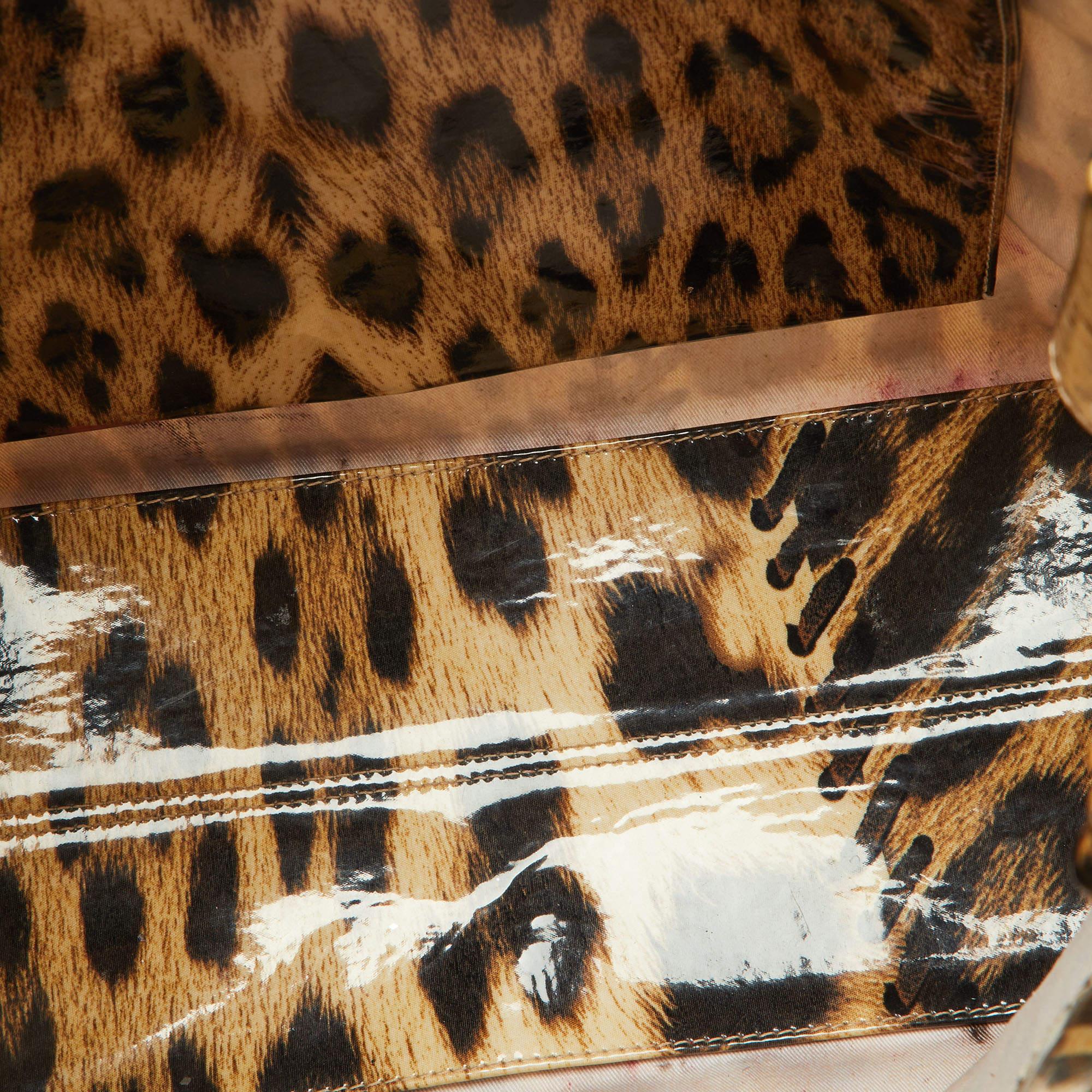 Roberto Cavalli Beige/Schwarzer Leopardendruck Beschichtetes Canvas Snap Tote im Angebot 9
