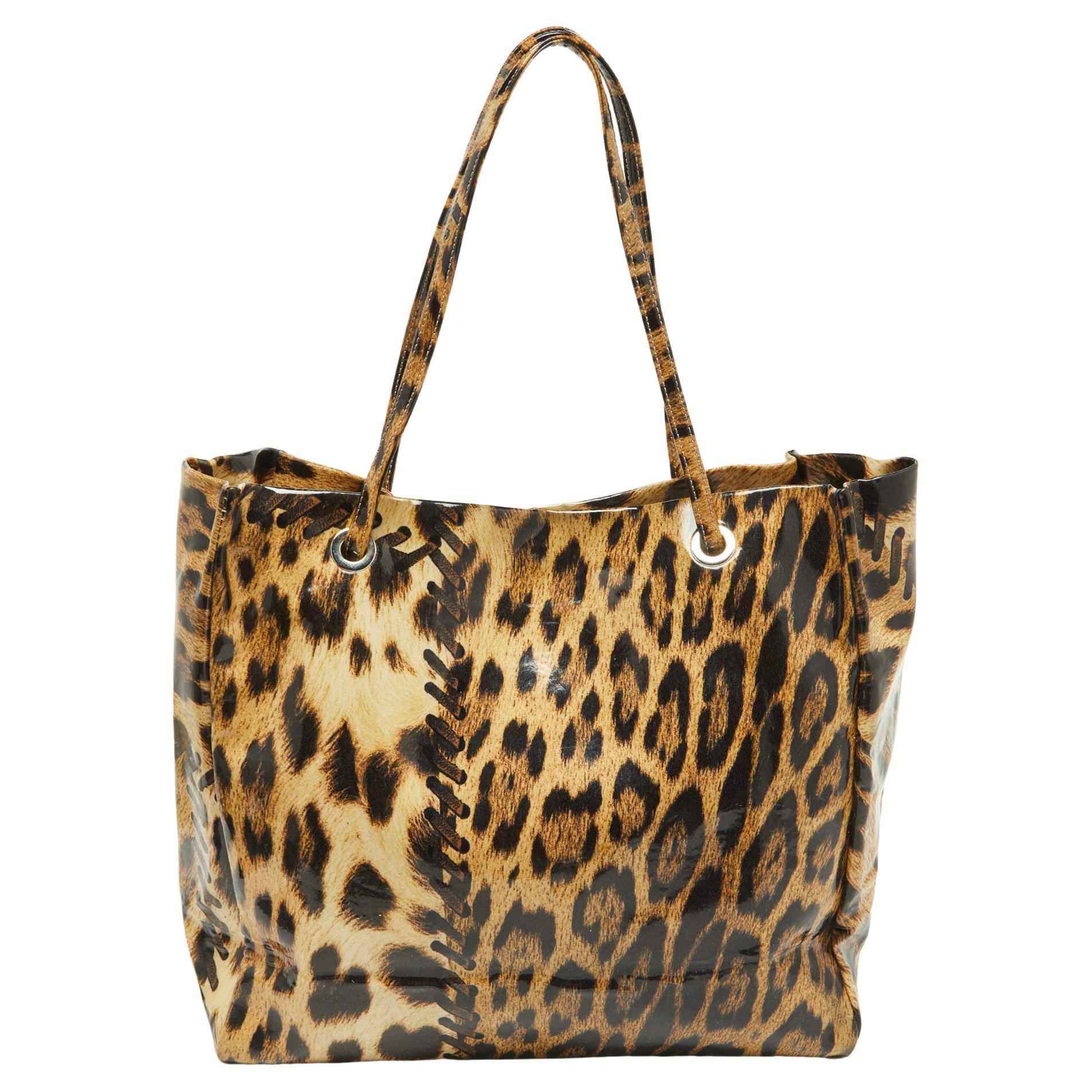 Roberto Cavalli Beige/Black Leopard Print Coated Canvas Snap Tote For Sale