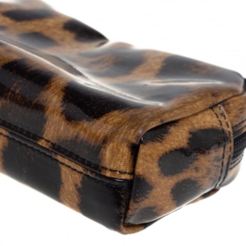 Women's Roberto Cavalli Beige/Brown Leopard Print Patent Leather Cosmetic Pouch For Sale