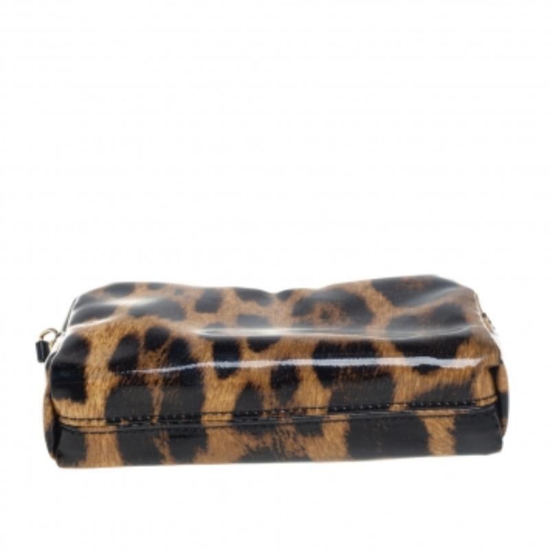 Roberto Cavalli Beige/Brown Leopard Print Patent Leather Cosmetic Pouch For Sale 1