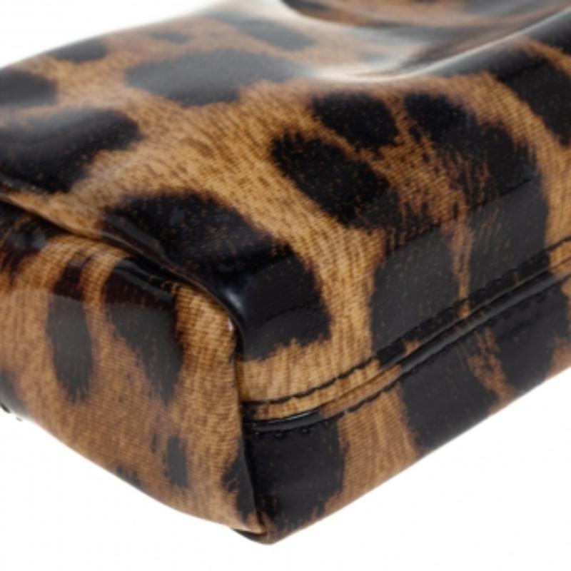 Roberto Cavalli Beige/Brown Leopard Print Patent Leather Cosmetic Pouch For Sale 2