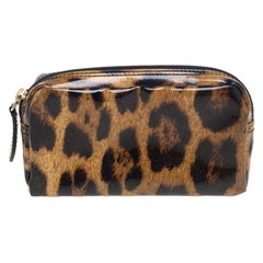 Roberto Cavalli Beige/Brown Leopard Print Patent Leather Cosmetic Pouch