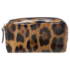 Roberto Cavalli Beige/Brown Leopard Print Patent Leather Cosmetic Pouch