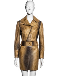 Roberto Cavalli beige croc-embossed leather jacket and mini skirt set, fw 2000