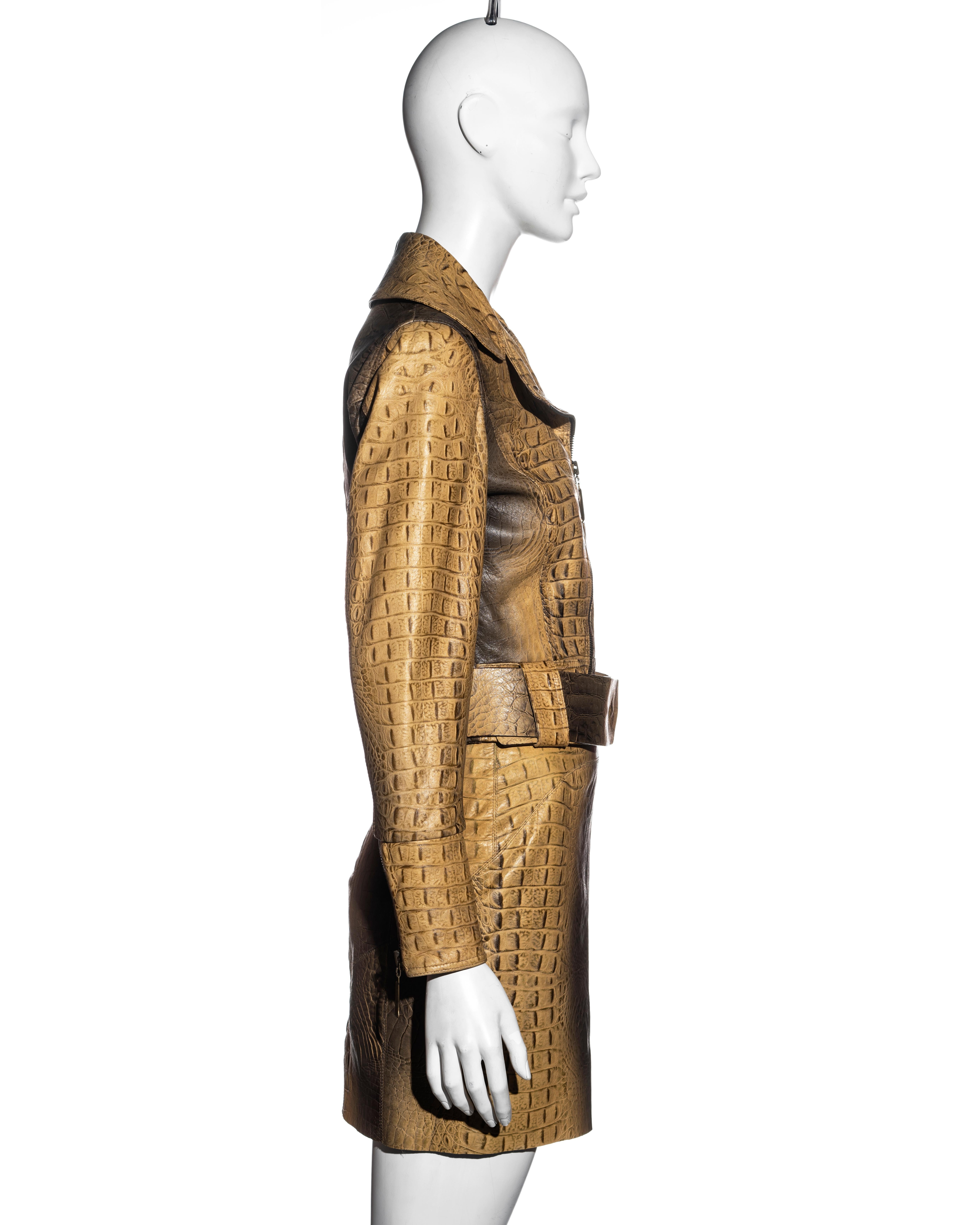 Beige Roberto Cavalli beige croc-embossed leather jacket and mini skirt set, fw 2000 For Sale
