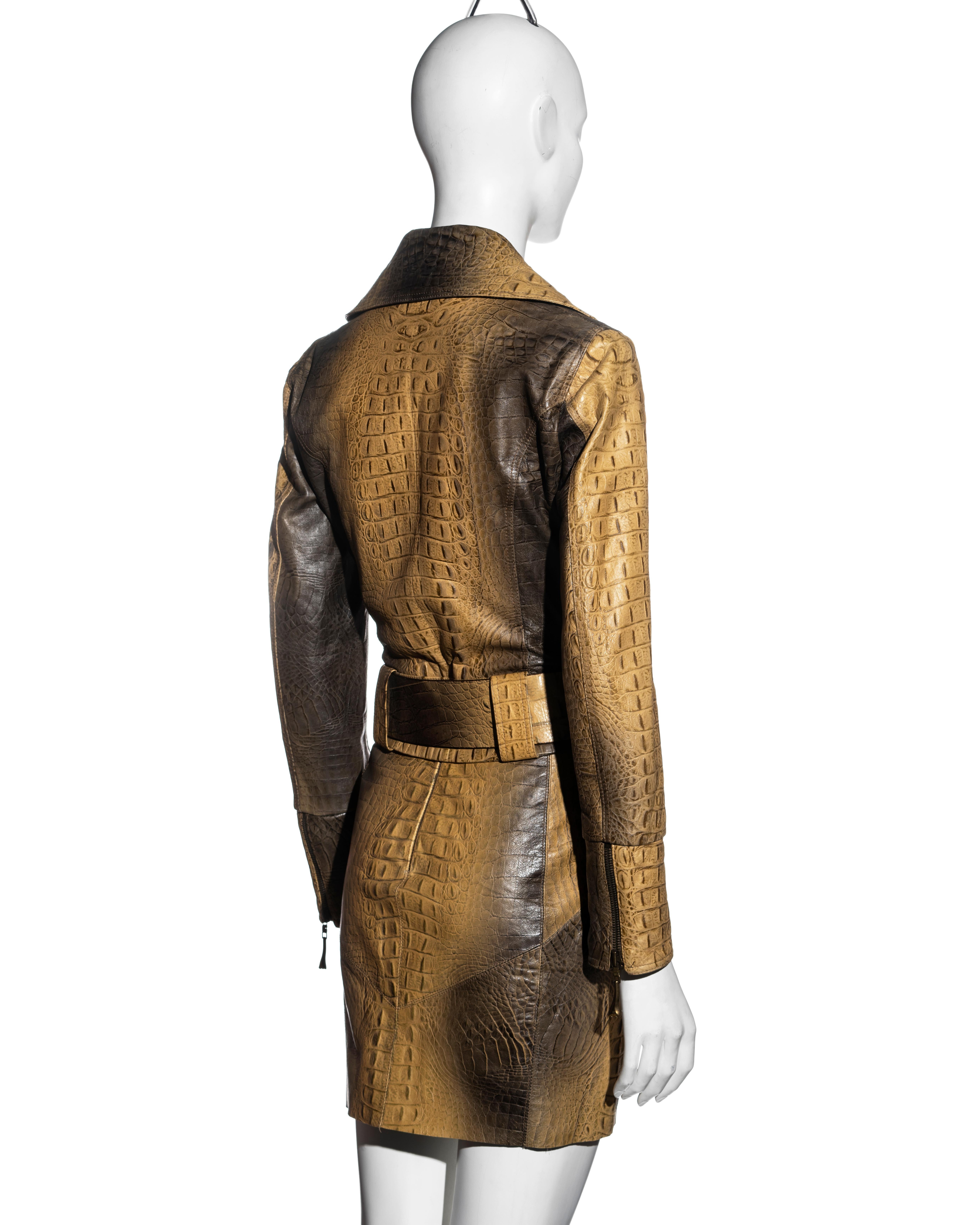 Roberto Cavalli beige croc-embossed leather jacket and mini skirt set, fw 2000 In Excellent Condition For Sale In London, GB
