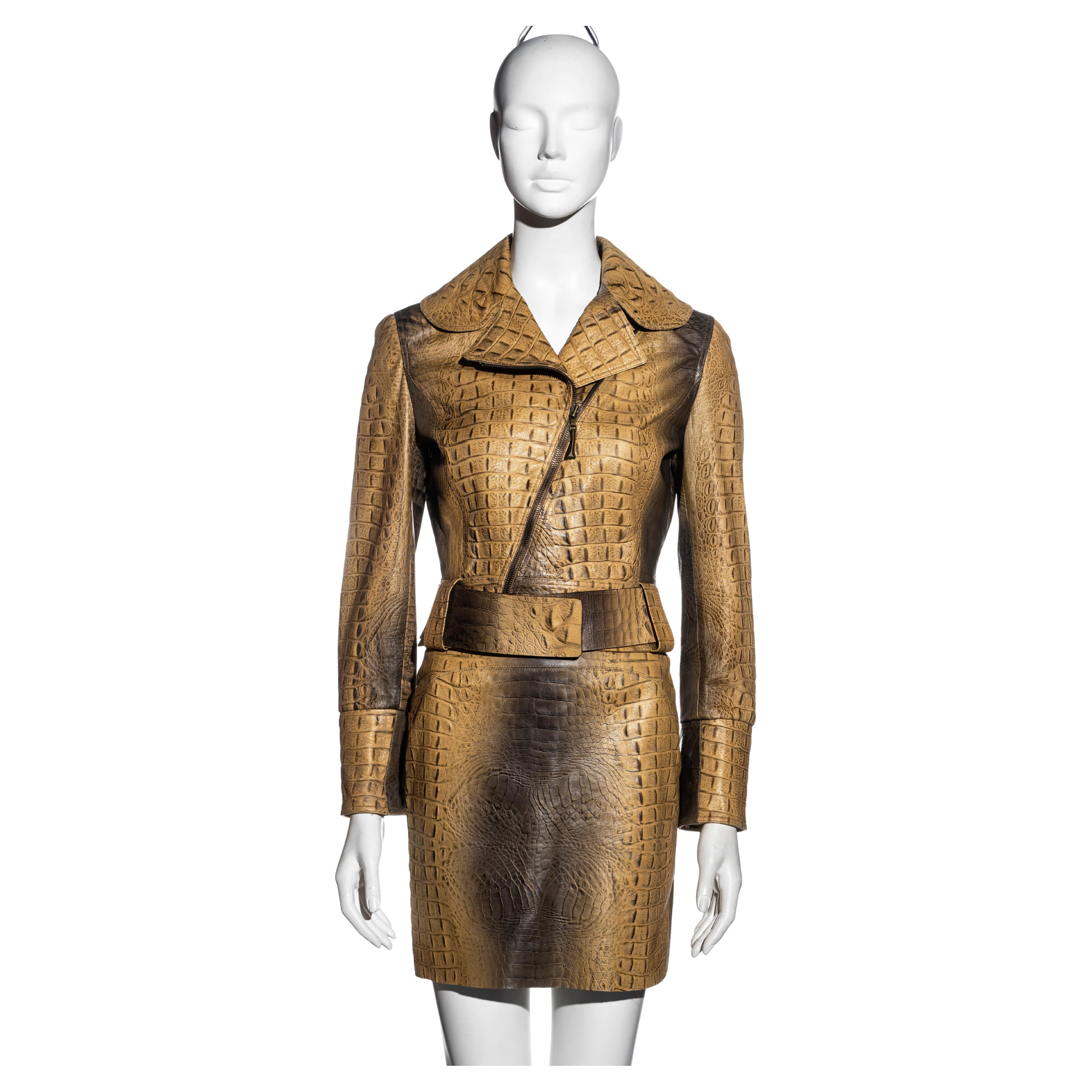 Roberto Cavalli beige croc-embossed leather jacket and mini skirt set, fw 2000