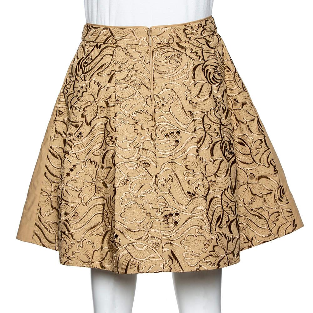 Roberto Cavalli Beige Embroidered Cotton Pleated Mini Skirt S In Excellent Condition In Dubai, Al Qouz 2