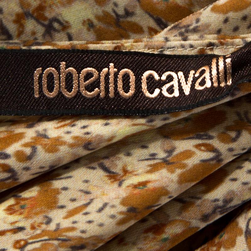 Women's Roberto Cavalli Beige Floral Print Chiffon Silk Strappy Tiered Dress M
