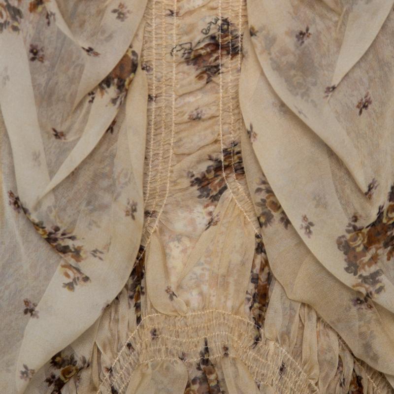 Roberto Cavalli Beige Floral Print Chiffon Silk Strappy Tiered Dress M 1