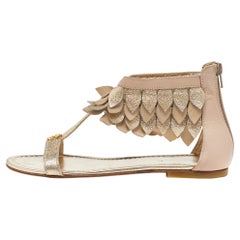 Roberto Cavalli Beige/Gold Leather T-Strap Ankle Cuff Flat Sandals Size 40