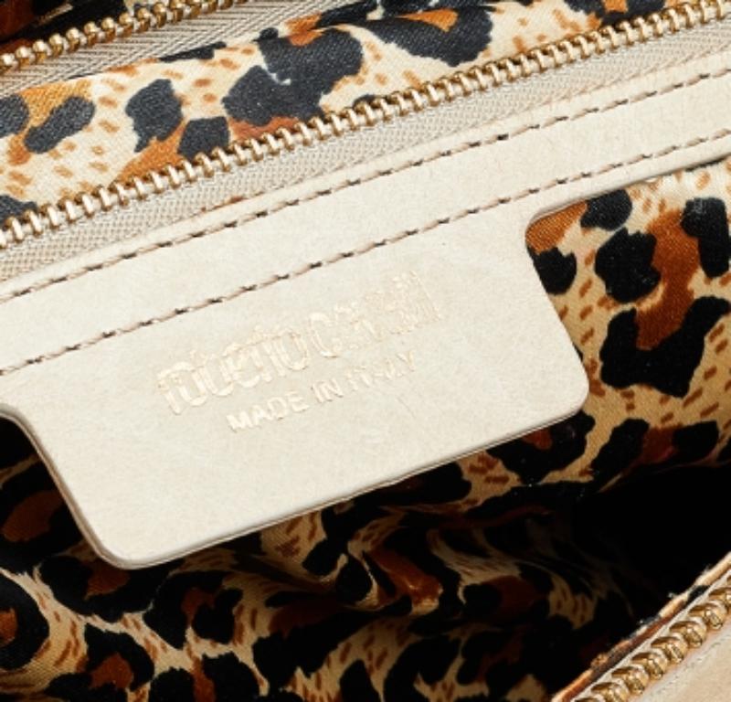 Beige Roberto Cavalli Borsa a manico superiore in pelle beige a tasche multiple in vendita