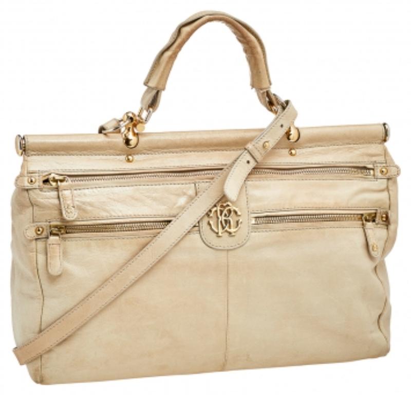 Roberto Cavalli Borsa a manico superiore in pelle beige a tasche multiple in vendita 2