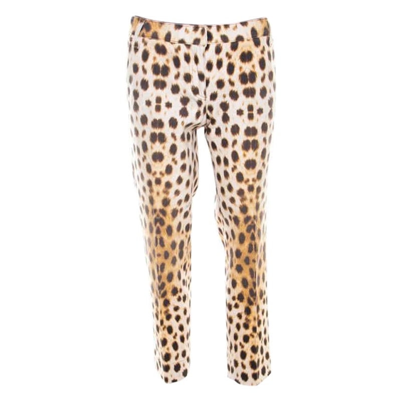 Roberto Cavalli Beige Leopard Print Cotton Tapered Ankle Grazer Trousers M