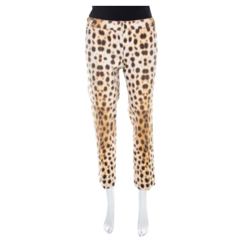 Roberto Cavalli Beige Leopard Print Cotton Tapered Ankle Grazer Pants M in vendita
