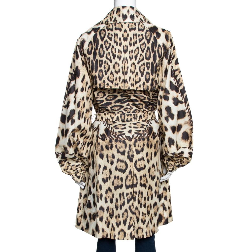Roberto Cavalli Beige Leopard Printed Cotton Blend Belted Trench Coat M In Excellent Condition In Dubai, Al Qouz 2