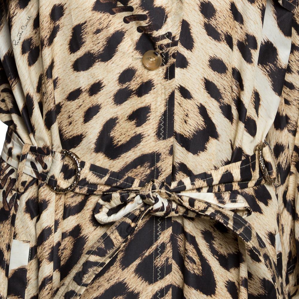 Roberto Cavalli Beige Leopard Printed Cotton Blend Belted Trench Coat M 1