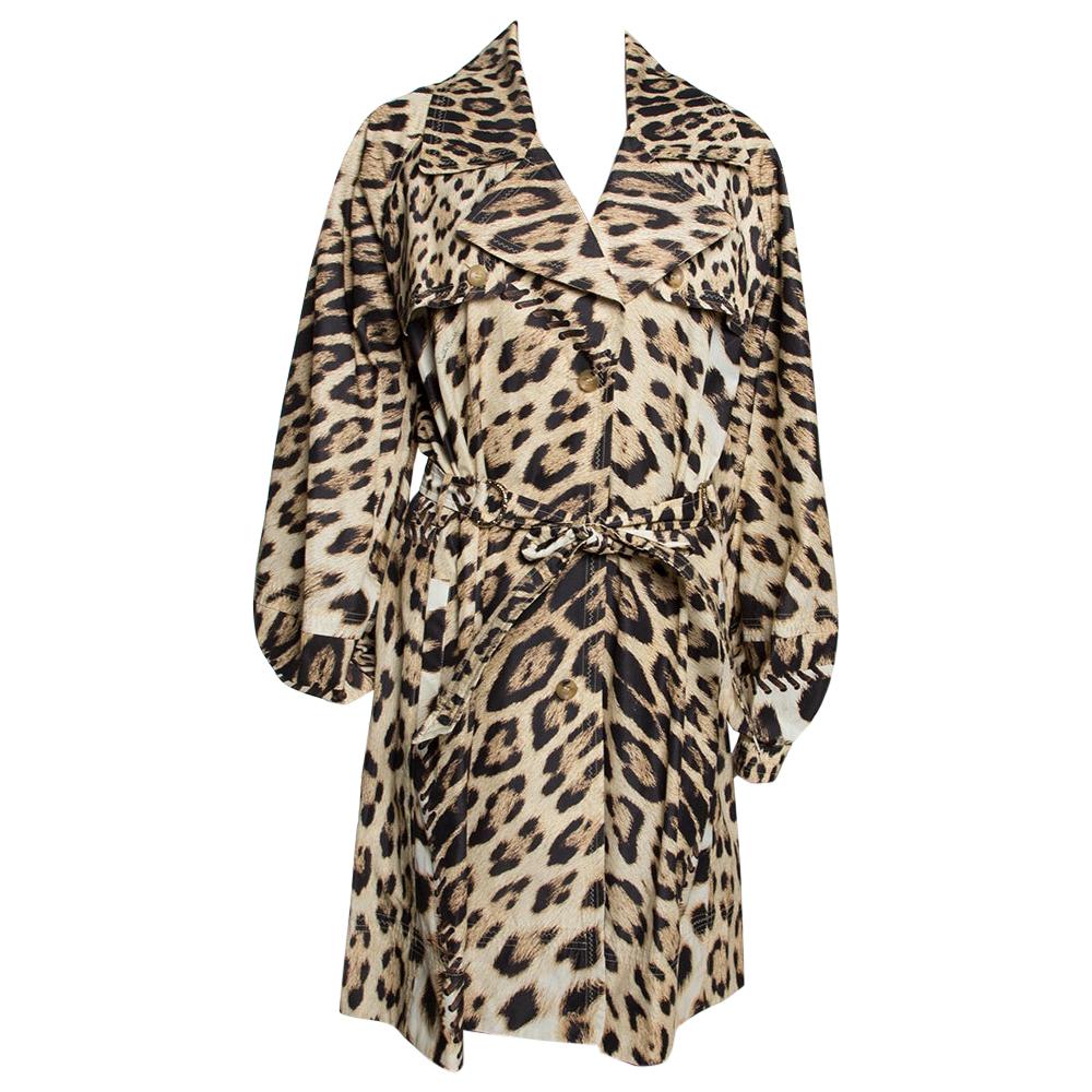 Roberto Cavalli Beige Leopard Printed Cotton Blend Belted Trench Coat M