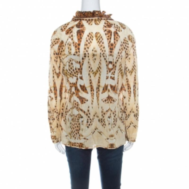 Roberto Cavalli Beige Leopard Printed Cotton Ruched Neckline Poet Blouse M In condizioni buone in vendita a Dubai, Al Qouz 2