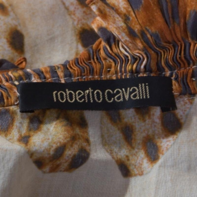 Roberto Cavalli Beige Leopard Printed Cotton Ruched Neckline Poet Blouse M in vendita 1