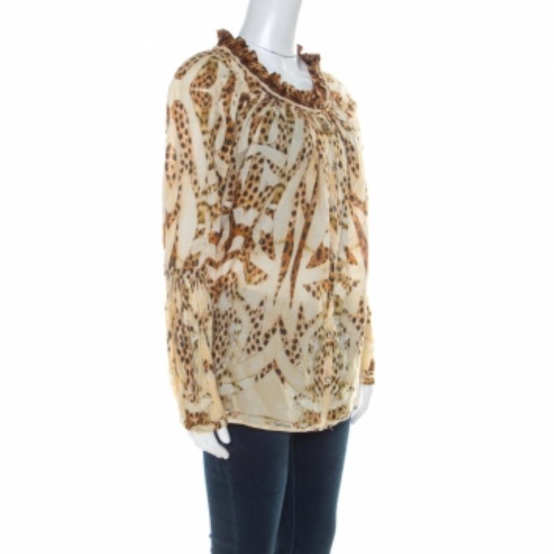 Roberto Cavalli Beige Leopard Printed Cotton Ruched Neckline Poet Blouse M in vendita 2