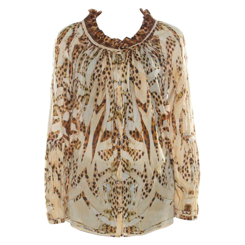 Roberto Cavalli Beige Leopard Printed Cotton Ruched Neckline Poet Blouse M