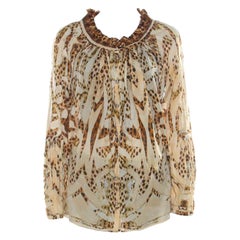 Chemisier poétique Roberto Cavalli beige à encolure froncée en coton imprimé léopard, taille M