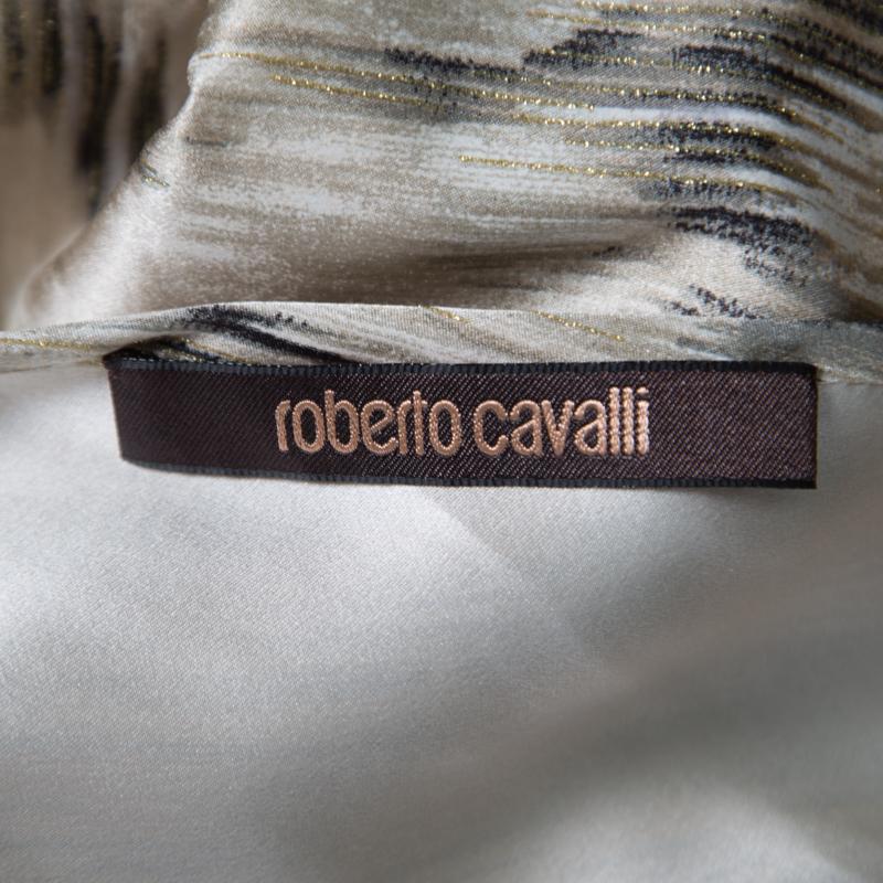 Women's Roberto Cavalli Beige Metallic Printed Silk Asymmetric Sleeve Detail Dress M