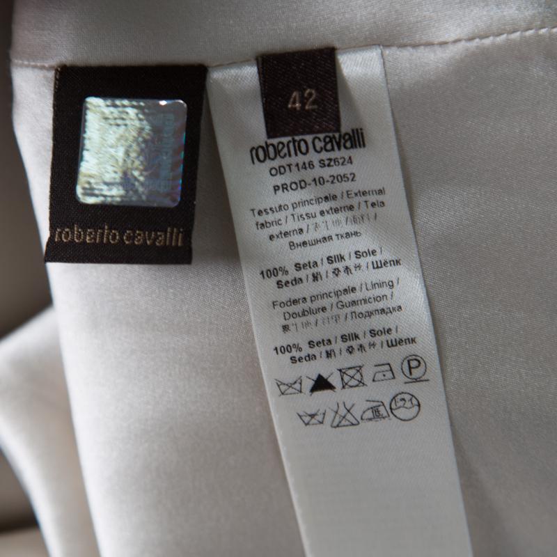 Roberto Cavalli Beige Metallic Printed Silk Asymmetric Sleeve Detail Dress M 1