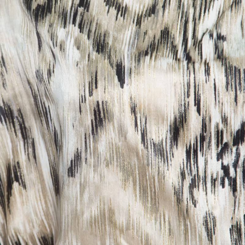 Roberto Cavalli Beige Metallic Printed Silk Asymmetric Sleeve Detail Dress M 2