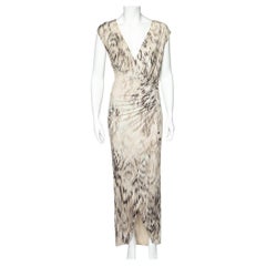 Roberto Cavalli Beige Printed Jersey Ruch Detail Sleeveless Maxi Dress M