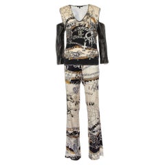 Roberto Cavalli - Haut avec garniture en cuir imprimé beige et pantalon en satin de soie XL/M