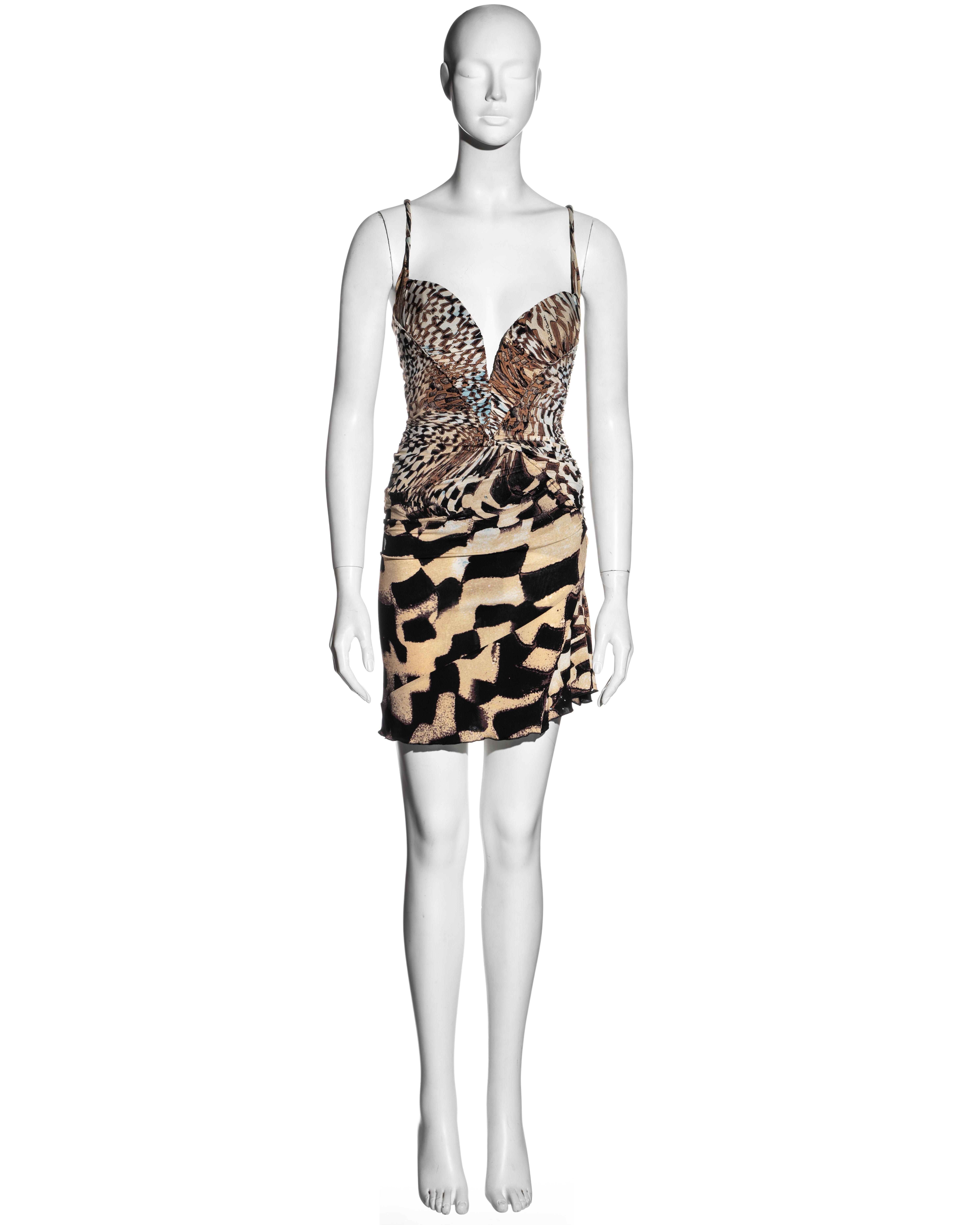 Roberto Cavalli mini vestido encorsetado de punto de seda beige estampado, fw 2003 en Excelente estado para la venta en London, GB