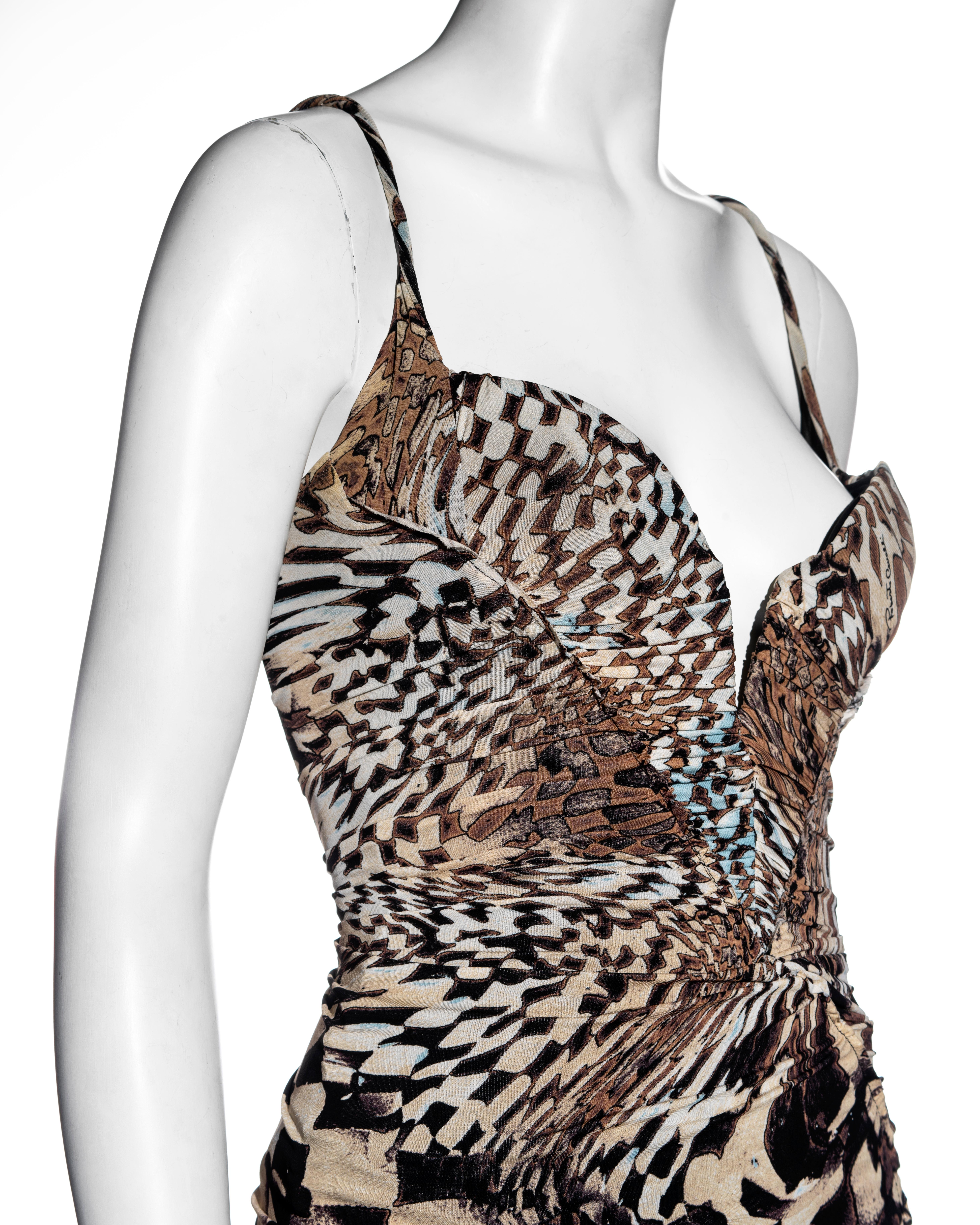 Roberto Cavalli mini vestido encorsetado de punto de seda beige estampado, fw 2003 en venta 3