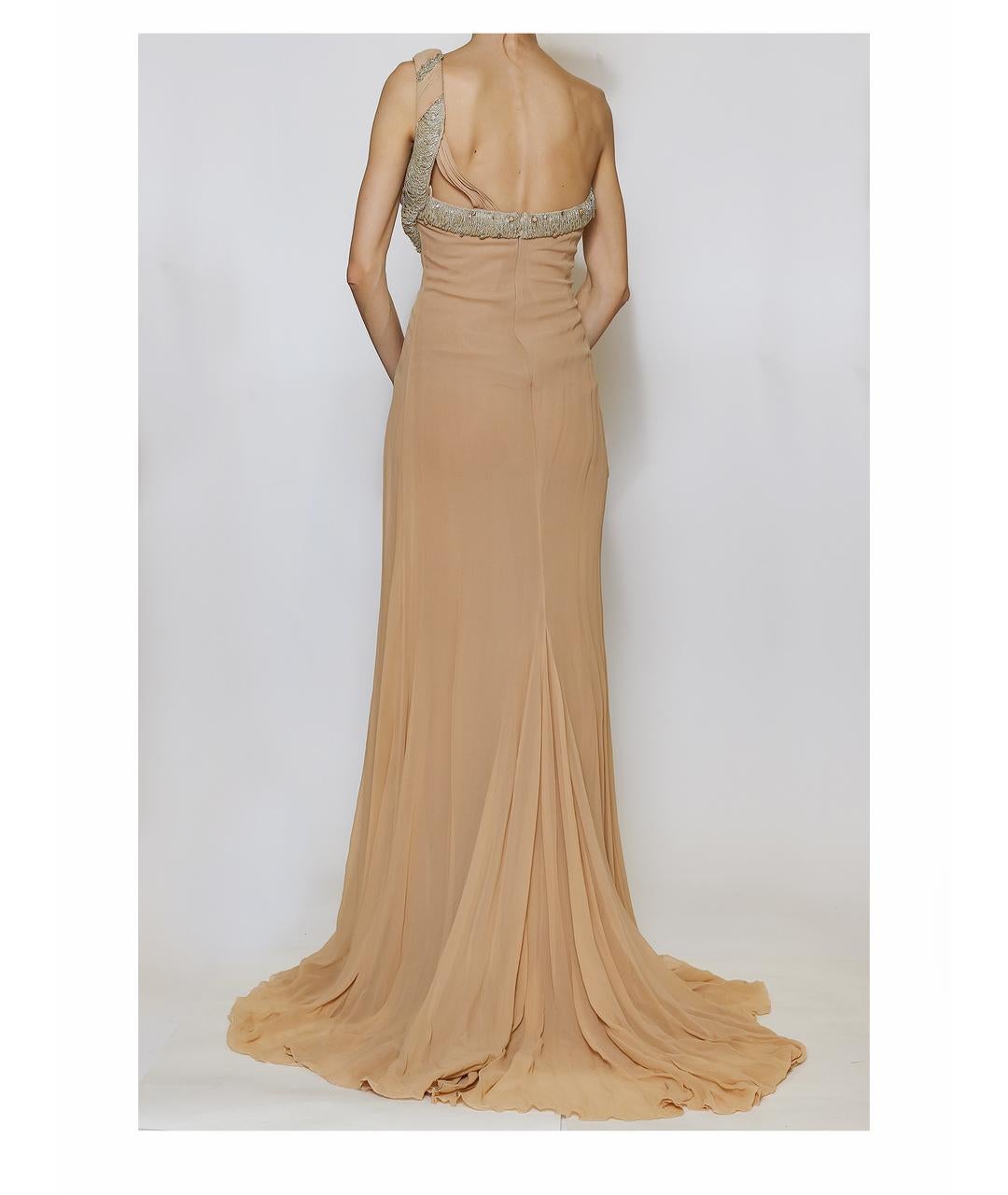 ROBERTO CAVALLI BEIGE SILK BEADED Gown DRESS Size M In Excellent Condition In Montgomery, TX