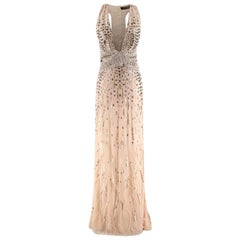 Roberto Cavalli Beige Silk Embellished Feathered Gown - Size US 2