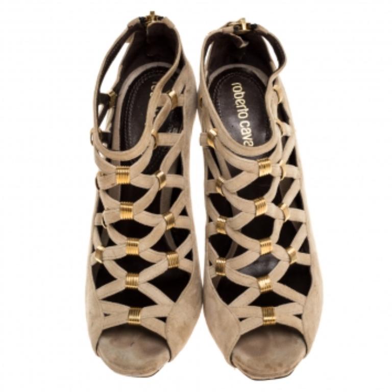 Women's Roberto Cavalli Beige Suede Cage Ankle Boots Size 35.5 For Sale
