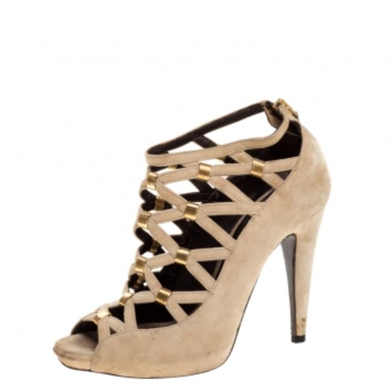 Roberto Cavalli Beige Suede Cage Ankle Boots Size 35.5 For Sale 2