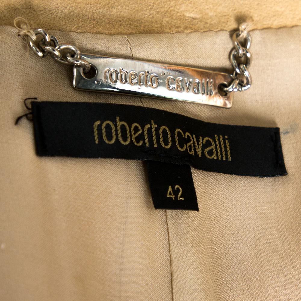 Roberto Cavalli Beige Suede Floral Painted Effect Belted Mid Length Coat M In Good Condition In Dubai, Al Qouz 2