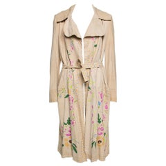 Roberto Cavalli Beige Suede Floral Painted Effect Belted Mid Length Coat M