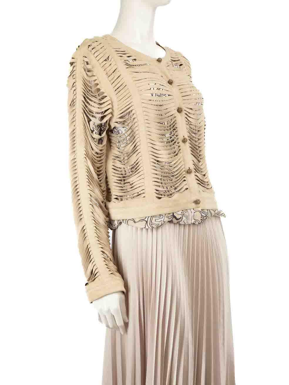 CONDITION is Very good. Hardly any visible wear to the jacket is evident on this used Class Cavalli designer resale item.
 
 
 
 Details
 
 
 Beige
 
 Suede
 
 Jacket
 
 Striped cut out detail
 
 Internal abstract pattern layer
 
 Round neck
 

